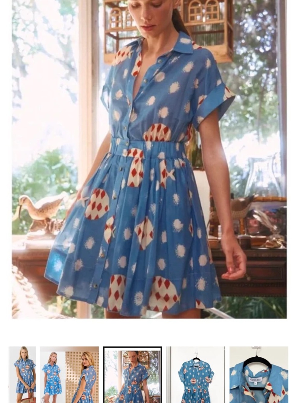 HUNTER BELL Blue Printed Short Sleeve Shirt Dress with Rust Accents - Picture 2 of 3
